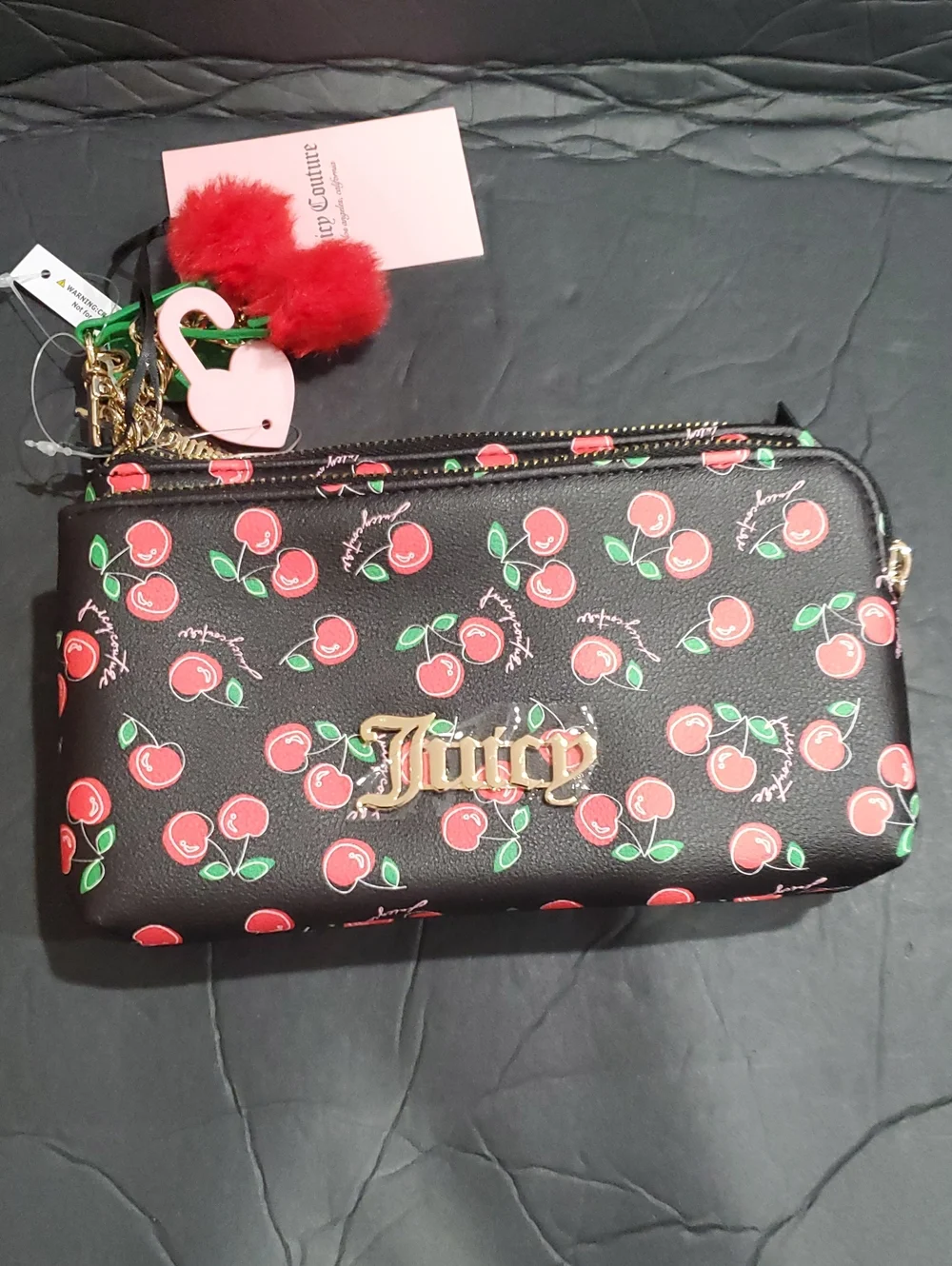 Juicy  Couture cherry girl black and red cherry print double zip wallet clutch